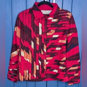 Vintage Red Brown Orange Pleated Strips Button Down Shirt Small Southwestern